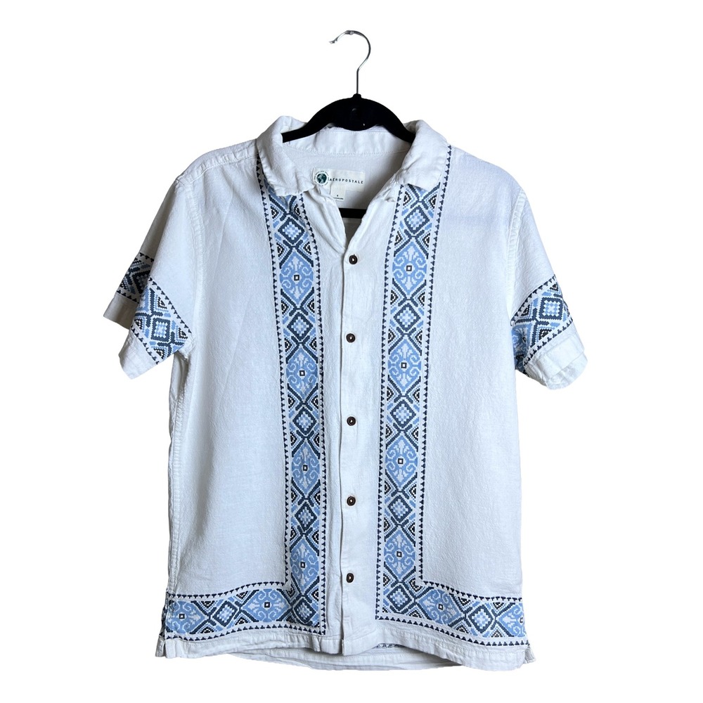 Aeropostale Aero Impact White Blue Geometric Short Sleeve Button Up Shirt Size S